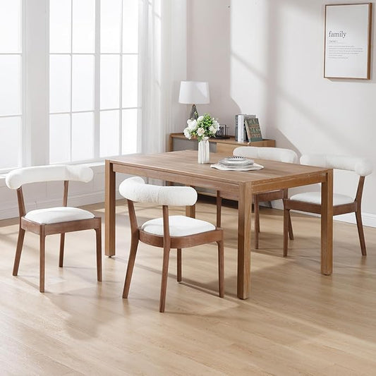 Wood Dining Chairs Set of 4, Mid Century Modern Living Room Chairs with Unique Curved Open Back Comfy Upholstered Side Chair for Kitchen/Restaurant/Reception, Sherpa White