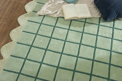 Mint Green Scalloped Edge Wool Area Rug with Checker Grid Design, Hand-Tufted Soft Carpet for Living Room, Bedroom, Nursery, Kids & Playroom Décor - 7x10 Ft
