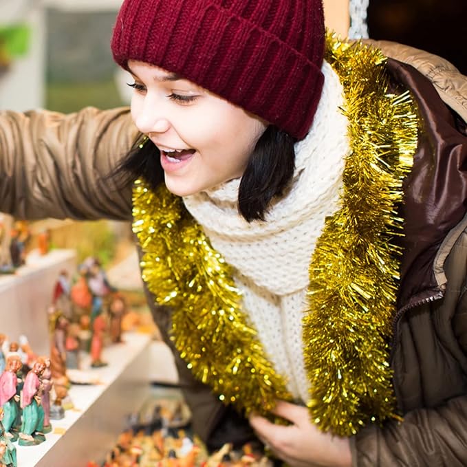 Jishi 50 FT Christmas Garland Gold Tinsel Garland Christmas Tree Decorations - Non-Lit Xmas Holiday Decor Outdoor Indoor Home Garden Outside Wedding Party Artificial Thick Gold Decorative Garland