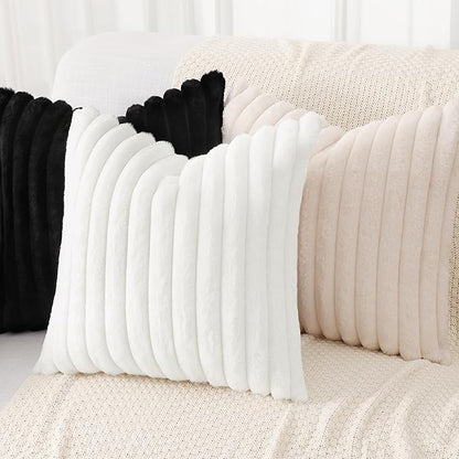 decorUhome Faux Fur Christmas Throw Pillow Covers 12x20 Set of 2, Decorative Soft Plush Striped Lumbar Neutral Euro Pillow Covers with Velvet Back for Bed, Living Room Home Decor, White