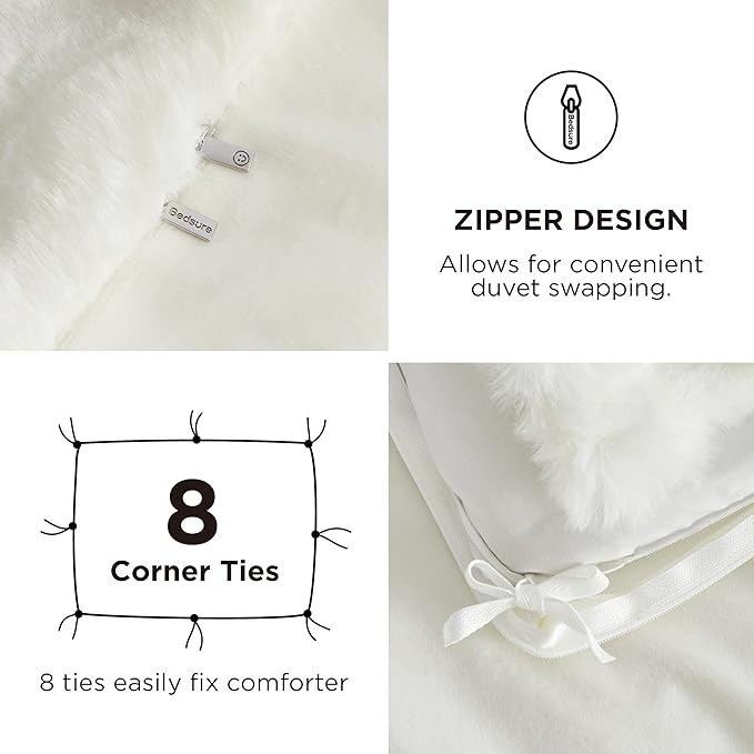 Bedsure Luxurious Faux Fur Duvet Cover Queen Size Set - Ultra Soft & Fluffy & Cozy & Warm - Elegant Shaggy Bubble Design Bedding with Duvet Cover and Pillow Shams, Coconut White