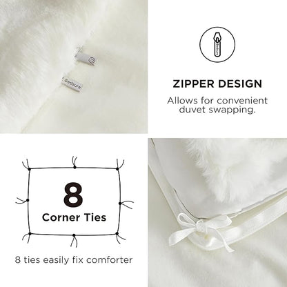 Bedsure Luxurious Faux Fur Duvet Cover Queen Size Set - Ultra Soft & Fluffy & Cozy & Warm - Elegant Shaggy Bubble Design Bedding with Duvet Cover and Pillow Shams, Coconut White
