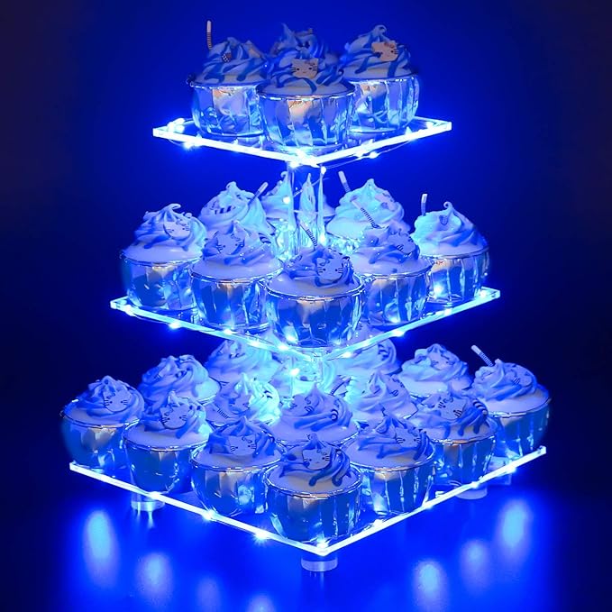 YestBuy 3 Tier Square Cupcake Stand - Premium Cupcake Holder - Acrylic Cupcake Tower Display - Cady Bar Party Décor + LED Light String - Ideal for Weddings, Birthday Parties( Blue Light)