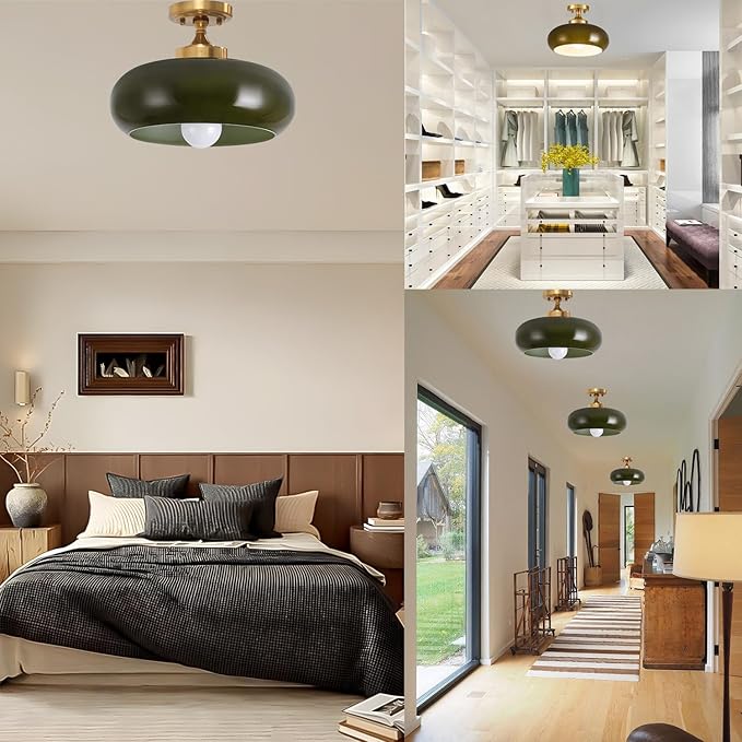 Dark Green Ceiling Light Fixture Glass Flush Mount Ceiling Light Gold Semi Flush Mount Lamp Mid Century Modern for Hallway Entryway Bathroom Closet
