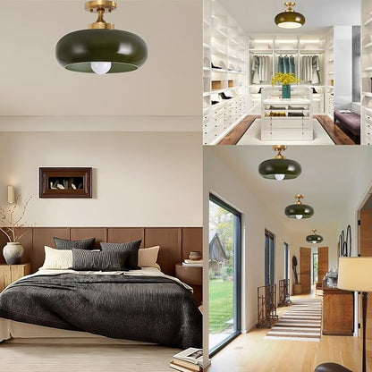 Dark Green Ceiling Light Fixture Glass Flush Mount Ceiling Light Gold Semi Flush Mount Lamp Mid Century Modern for Hallway Entryway Bathroom Closet