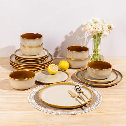 LERATIO Ceramic Dinnerware Sets for 12, 36 Pieces Plates and Bowls Sets, Reactive Glaze Dishes -Scratch Resistant, Dishwasher&Microwave Safe&Oven Safe-Kahki