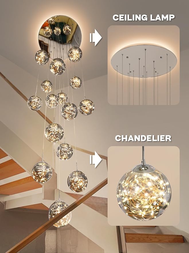 15-Light LED Staircase Chandelier Crystal Ceiling Lights Large Chandeliers for High Ceilings, Entryway Modern Lighting Fixture Villas and Stairs, Adjustable Length 23" W x100 H,75W