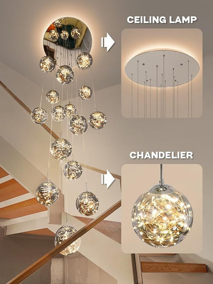 15-Light LED Staircase Chandelier Crystal Ceiling Lights Large Chandeliers for High Ceilings, Entryway Modern Lighting Fixture Villas and Stairs, Adjustable Length 23" W x100 H,75W