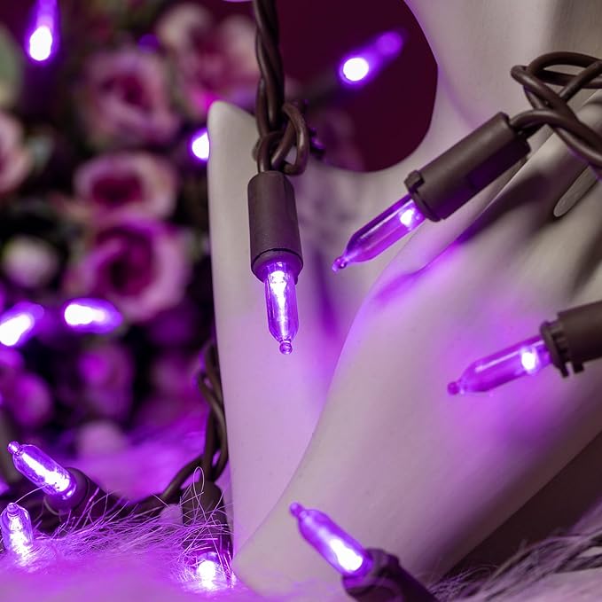 YULETIME Purple LED Christmas Lights with Brown Wire, 33 ft 100 Count UL Certified Commercial Grade Holiday String Light Set (Purple - Brown Wire)