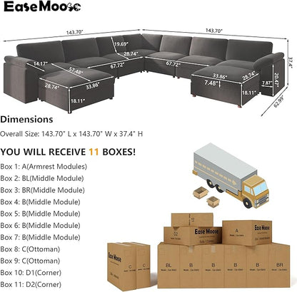 EASE MOOSE Oversized Modular Sectional Sofa with Ottoman, Modern Wide Deep Modular Couch, U Shaped Couch for Big Spaces Living Room,Dark Grey