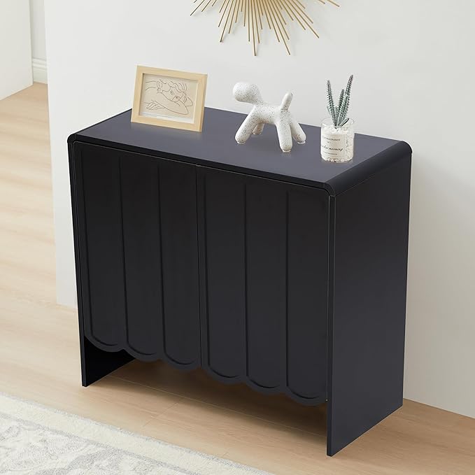 ORRD Sideboard Buffet Cabinet, Accent Storage Cabinet with 2 Doors, Farmhouse Wood Cabinets with Adjustable Shelves and Wave Panel for Living Room, Dining Room, Entry - Black