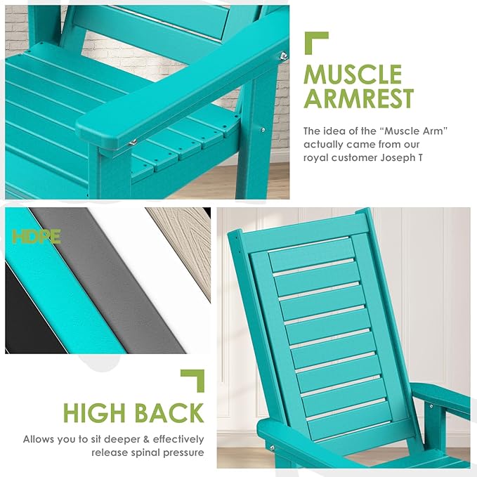 GREENVINES Outdoor Rocking Chairs | Porch Rocker | HDPE Plastic | Aqua | Oversized Rockers | High Back | Big & Tall | Ladder Back | for Patio Outside Backyard Balcony Garden