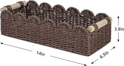 CubesLand Paper Rope Scalloped Edge Shelves Storage Basket, Woven Toilet Paper Baskets for Over Toilet Storage Shelf, Floating Shelves Organizing or Home Décor, with Wood Handle, Brown