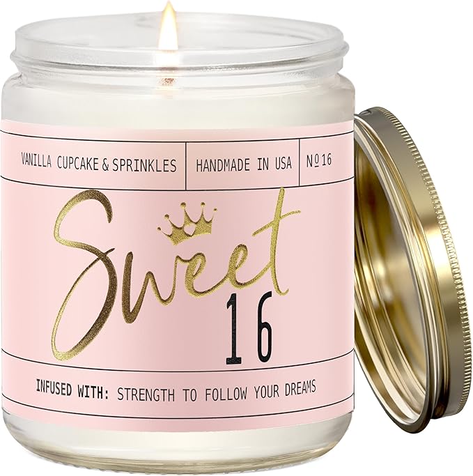 Sweet 16 Gifts for Girls - 'Sweet 16' Soy Candle, w/Vanilla Cupcake & Sprinkles I 16th Birthday Gifts for Girls I Sweet Sixteen Gifts for Girls I 9oz Reusable Jar, 50Hr Burn, Made in USA