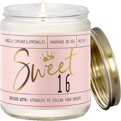 Sweet 16 Gifts for Girls - 'Sweet 16' Soy Candle, w/Vanilla Cupcake & Sprinkles I 16th Birthday Gifts for Girls I Sweet Sixteen Gifts for Girls I 9oz Reusable Jar, 50Hr Burn, Made in USA