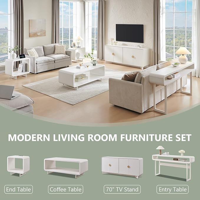 48" Modern Coffee Table, 2-Tier Minimalist Center Table with Storage Shelf, Curved Profile Design, Wooden Rectangular Living Room Table w/Wood Thick Design for Living Room, Office, White