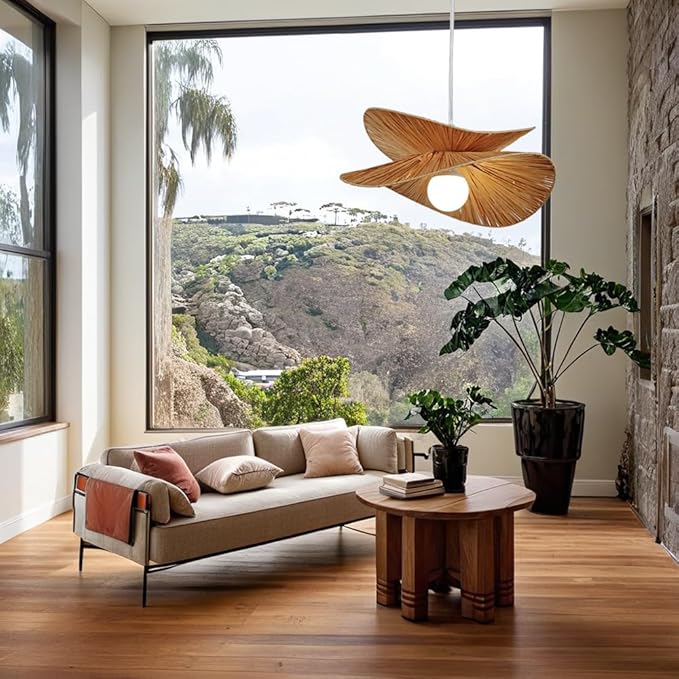 Natural Abaca Woven Pendant Light, Hand-Made Weaved Ceiling Light with Organic Weaved Leaf Finish, 20 Inch Diam Hanging Pendant Light for Bedroom, Living Room, Dining Room