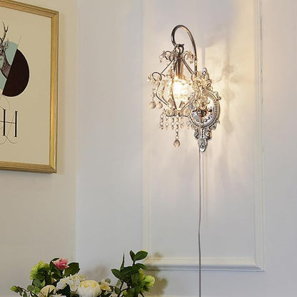 Silver Crystal Vintage Plug in Wall Sconces Set of 2 Indoor Wall Light Fixture, Modern Wall Mount Lamp Light for Bedroom Living Room Bathroom Vanity Light Hallway Light Fixture Decor LED E12