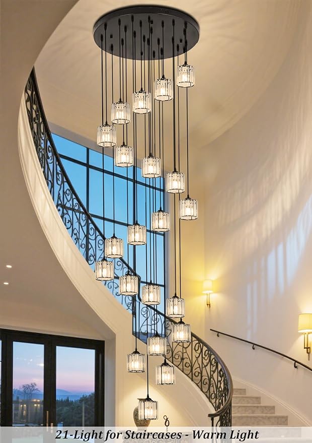 Long Chandeliers for High Ceilings,Modern Crystal Pendant Light,Raindrop Drop Lamp,Hanging Lighting Fixtures for Spiral Staircase,Foyer,Entryway,Living Room,Black (21 Lights)