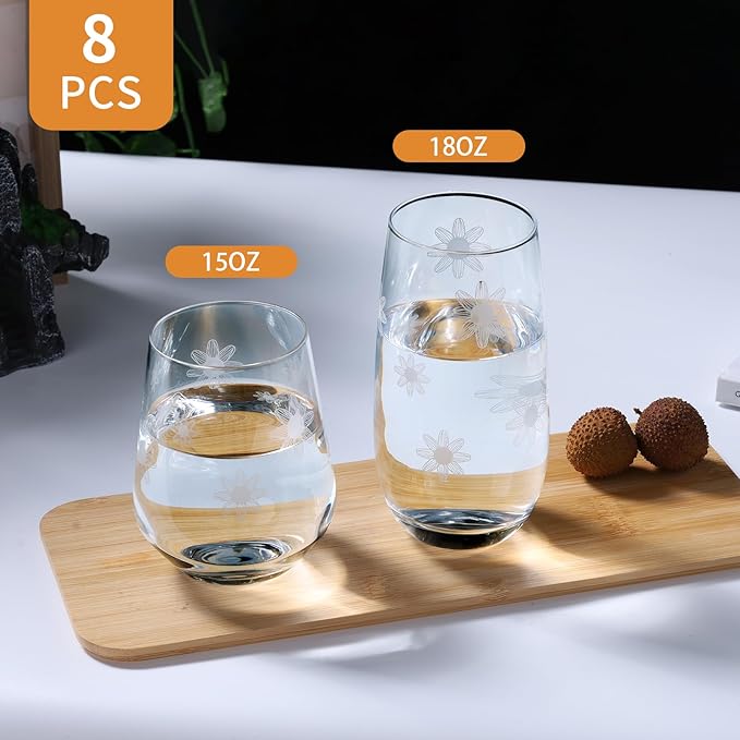 Set of 8 Etched Drinking Glasses, Hand Blown, 4 Highball Glasses 18oz & 4 Stemless Wine Glasses 15oz, Clear Water Glass Cups with Abstract Pattern, for Wedding, Gift