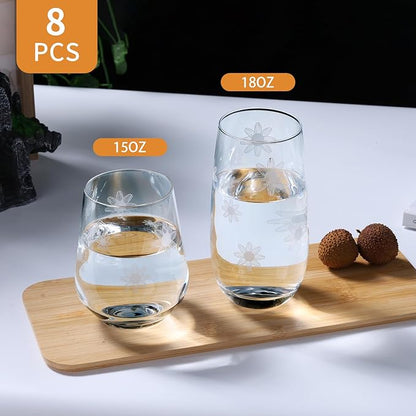 Set of 8 Etched Drinking Glasses, Hand Blown, 4 Highball Glasses 18oz & 4 Stemless Wine Glasses 15oz, Clear Water Glass Cups with Abstract Pattern, for Wedding, Gift