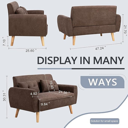 Shintenchi Loveseat Sofa Couch Mid Century Fabric Upholstered 2 Seater with Pillows, Brown