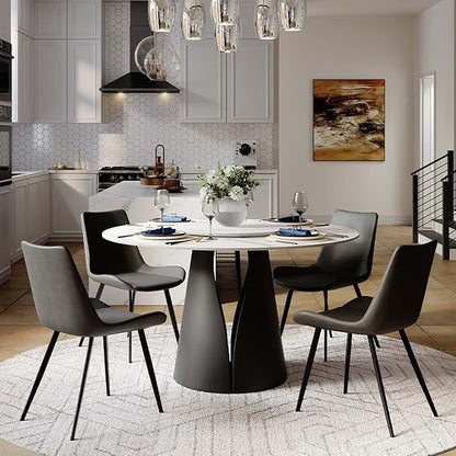 POVISON Round Dining Table for 4, 51" Modern Round Dining Table Built in Lazy Susan, Matte Sintered Stone Tabletop with Black Carbon Steel Pedestal, White