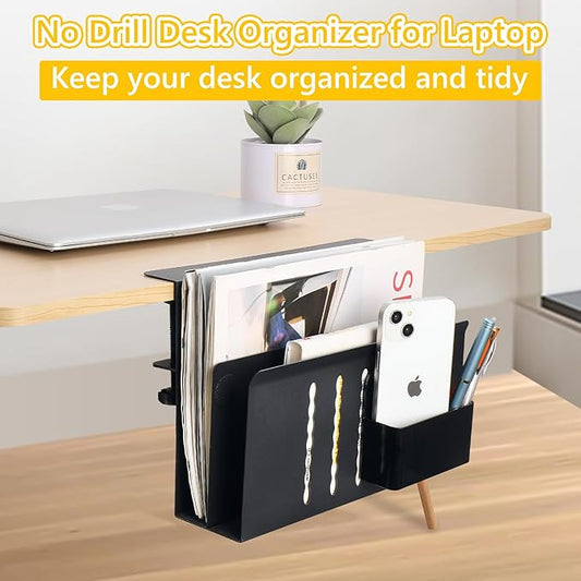 2 TIER Desk Side Storage Upgraded Under Desk Organizer, No Drill Hanging Laptop Holder Under Desk, Clamp-On Table Side Steel Desktop Organization for Office and Home (Black)