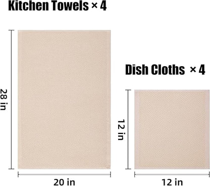 Homaxy 100% Cotton Kitchen Towels and Dishcloths Set, Large 12 x 12 Inches and 20 x 28 Inches, Set of 8 Bulk Kitchen Towels Set, Ultra Soft Absorbent Dish Cloths for Washing Dishes, Beige