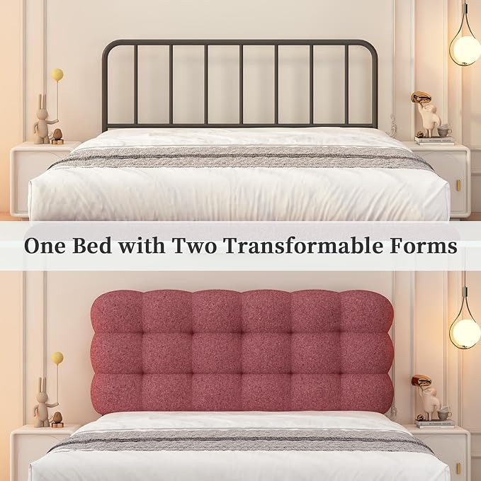 BarnFurin Full Size Bed Frame with Upholstered Headboard, Teddy Soft Boucle Fabric Platform, Bed with Strong Wooden Slats Support, Two Bed Forms Design, No Boxing Spring Needed, Easy Assembly, Rose