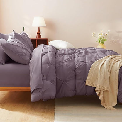 CozyLux Queen Comforter Set Grayish Purple, 7 Pieces Pintuck Bed in A Bag, Premium Purple Comforter Queen Size, Pinch Pleat Bedding Sets with Comforter, Sheets, Pillowcases & Shams