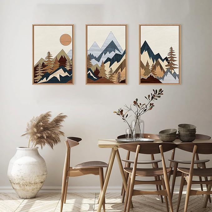 HOURIA Mid Century Mountain Woodland Framed Wall Art Set,Boho Sunrise Pine Tree Wall Decor,Wilderness Nature Forest Artwork,Modern Woodcut Field Art Print for Living Room,Bedroom,Office- 16"x24"x3