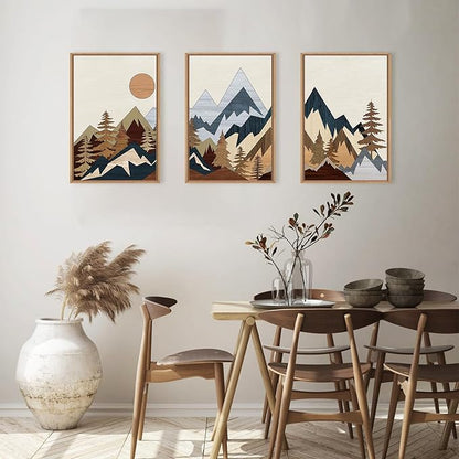 HOURIA Mid Century Mountain Woodland Framed Wall Art Set,Boho Sunrise Pine Tree Wall Decor,Wilderness Nature Forest Artwork,Modern Woodcut Field Art Print for Living Room,Bedroom,Office- 16"x24"x3