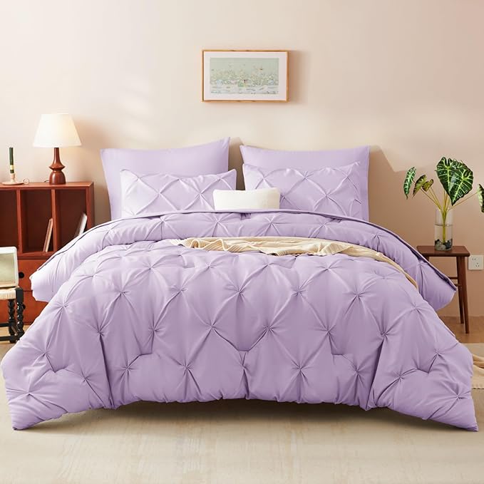 CozyLux Queen Comforter Set Lavender, 7 Pieces Pintuck Bed in A Bag, Premium Light Purple Comforter Queen Size, Pinch Pleat Bedding Sets with Comforter, Sheets, Pillowcases & Shams