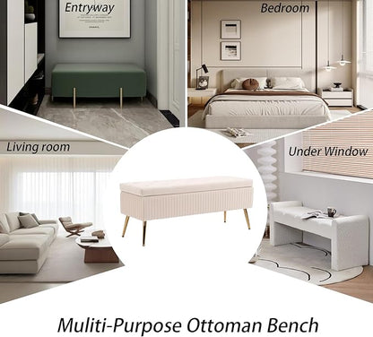 Velvet Storage Bench for Bedroom, Upholstered End of Bed Bench Modern Tufted Ottoman with Gold Legs for Living Room/Window/Entryway(Ivory White, Rectangle-45.5" W)