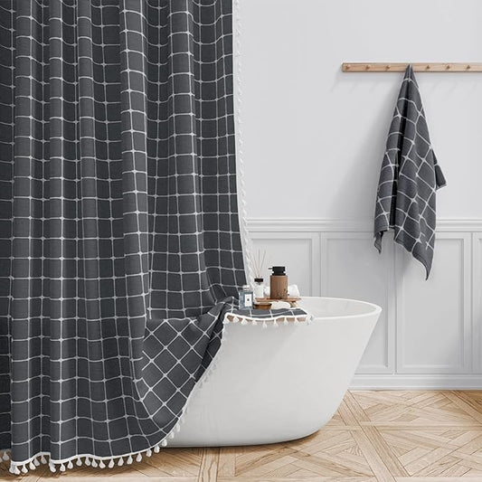 BTTN Stall Fabric Shower Curtain - 54x78 Inches Boho Linen Heavy Duty Tassel Shower Curtain Set with 10 Hooks, Narrow Rustic Modern Farmhouse Neutral Thick Shower Curtains for Bathroom - Charcoal Grey