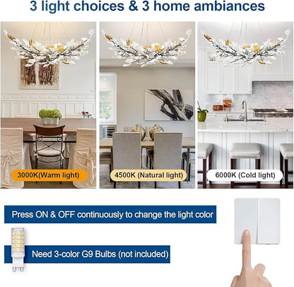 Modern Crystal Chandelier, L47 Rectangle Glass Ginkgo Leaf Chandeliers, Black Tree Branch Chandelier Over Dining 12-Light Farmhouse Chandeliers for Foyer Living Room Kitchen Island