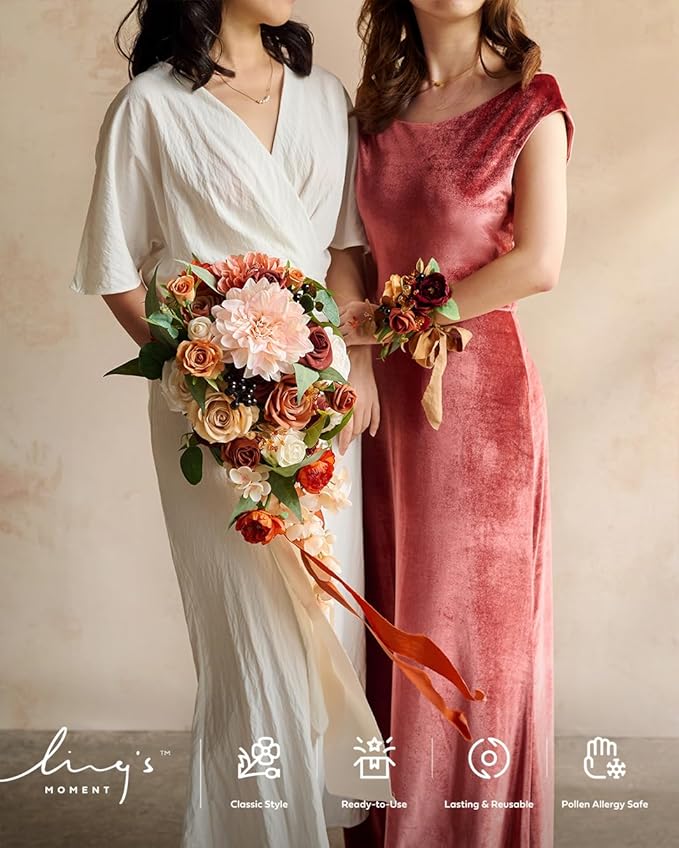 Ling's moment Terracotta Bridal Bouquet Cascading, Orange Wedding Bouquets for Bride, 13 Inch Bride Bouquets for Wedding Artificial Flowers Bouquets