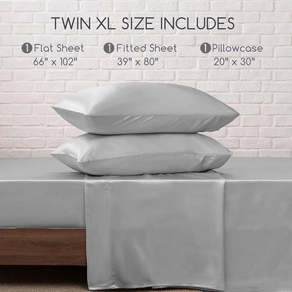 MR&HM Satin Bed Sheets, Twin XL Size Sheets Set, 3 Pcs Silky Bedding Set with 15 Inches Deep Pocket for Mattress (Twin XL, Silver Grey)