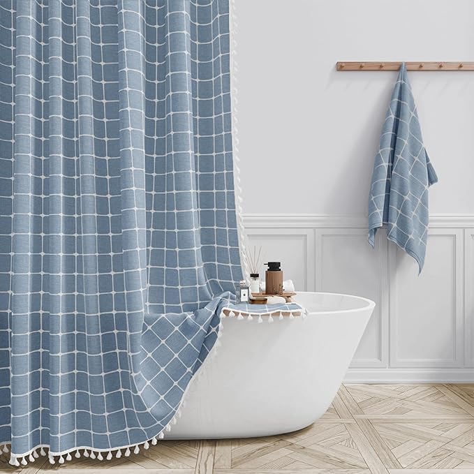 BTTN Boho Shower Stall Curtain - 36x72 Narrow Linen Ultra Thick Tassel Fabric Shower Curtain Set with 6 Plastic Hooks, Half Modern Farmhouse French Country Weighted Shower Curtains for Bathroom - Blue