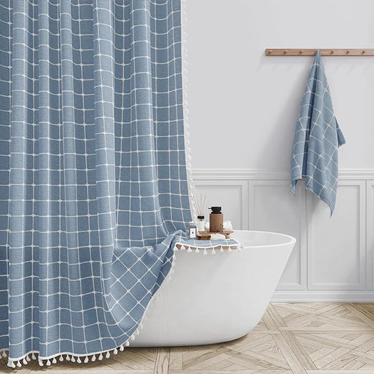 BTTN Boho Shower Stall Curtain - 36x72 Narrow Linen Ultra Thick Tassel Fabric Shower Curtain Set with 6 Plastic Hooks, Half Modern Farmhouse French Country Weighted Shower Curtains for Bathroom - Blue