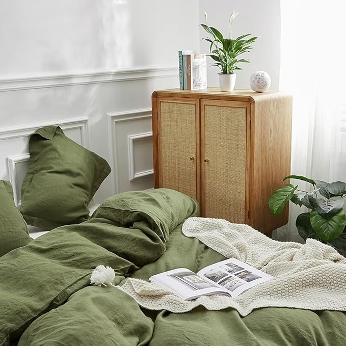Simple&Opulence 100% Linen Duvet Cover Set, Natural French Flax Olive Green Duvet Cover Twin Size, Breathable Soft Comfy Linen Bedding Comforter Cover with 1 Pillowcase(Olive Green, 68"x86")