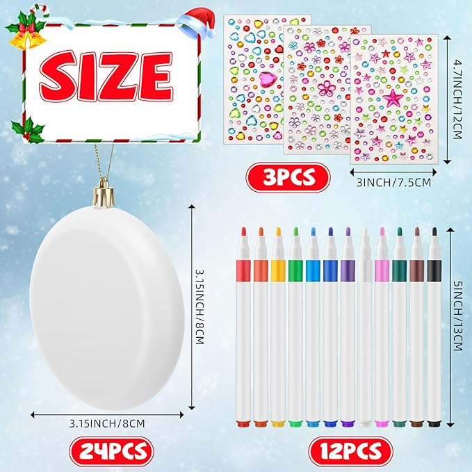 Syhood 24 Pcs 4'' DIY Christmas Blank White Ball Ornaments Set Plastic Matte Flat Discs Ornaments DIY Xmas Tree Decoration with Acrylic Paint Markers Gems Stickers for Crafts Party Decor