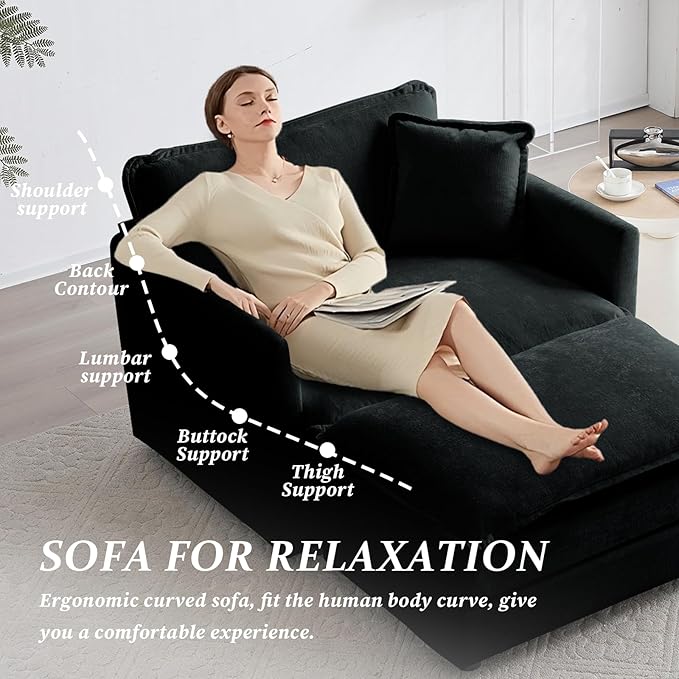 SoarFlash Chenille Sectional Sofa, Comfy Modular Single Sofa with Ottoman, Modern Recliner Deep Seat Sofa Set for Living Room,Black