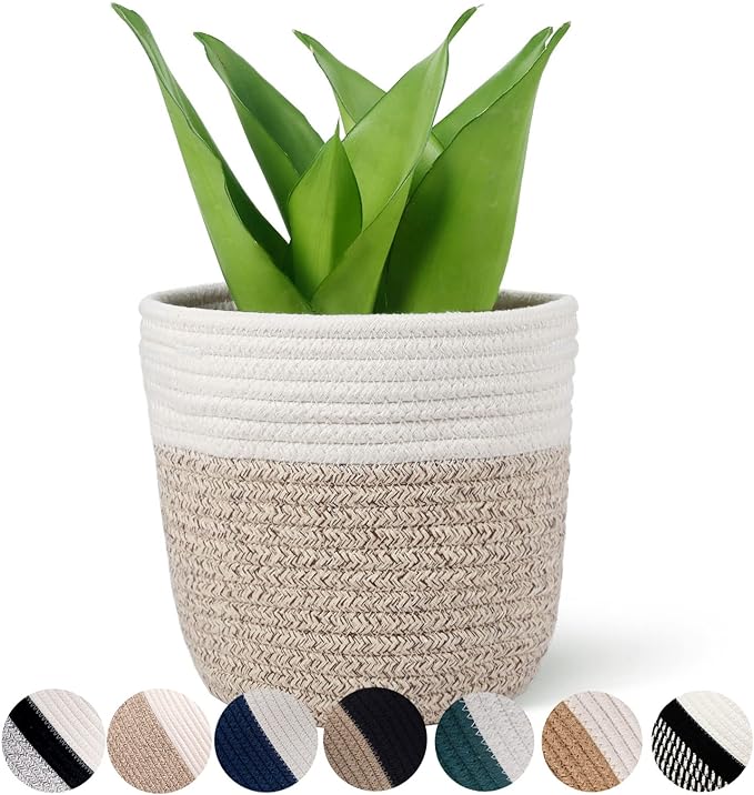 Cotton Rope Plant Basket Modern Woven Basket for 6" Flower Pot Floor Indoor Planters,Rustic Home Decor Storage Organizer H6 3/4" x W6 1/2"