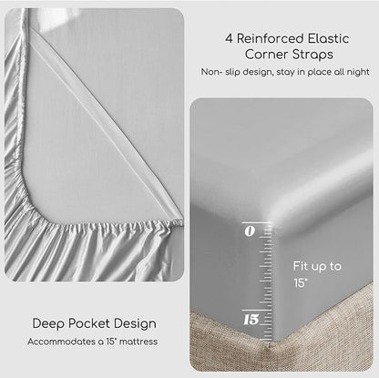 MR&HM Satin Bed Sheets, Twin Size Sheets Set, 3 Pcs Silky Bedding Set with 15 Inches Deep Pocket for Mattress (Twin, Silver Grey)