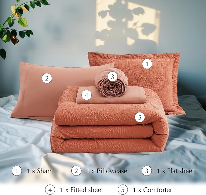 Geniospin Twin Comforter Set - 5 Pieces Burnt Orange Bedding Set, Botanical Textured Fall Comforter Set, All Season Lightweight Bed in a Bag with Comforter, Sheets, Pillowcases & Shams