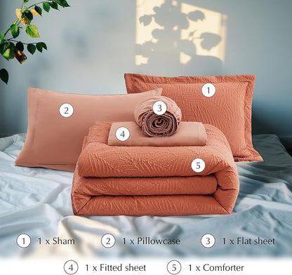 Geniospin Twin Comforter Set - 5 Pieces Burnt Orange Bedding Set, Botanical Textured Fall Comforter Set, All Season Lightweight Bed in a Bag with Comforter, Sheets, Pillowcases & Shams