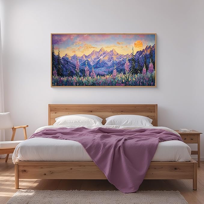 HOURIA Purple Sunset Mountain Landscape Framed Canvas Wall Art Set,Nature Pine Tree Wildflowers Wall Decor,Golden Sunlight Wall Painting,Modern Field Art Prints for Living Room, Bedroom-20 x40 x1