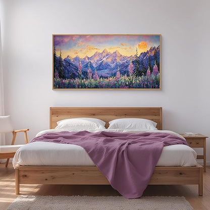 HOURIA Purple Sunset Mountain Landscape Framed Canvas Wall Art Set,Nature Pine Tree Wildflowers Wall Decor,Golden Sunlight Wall Painting,Modern Field Art Prints for Living Room, Bedroom-20 x40 x1